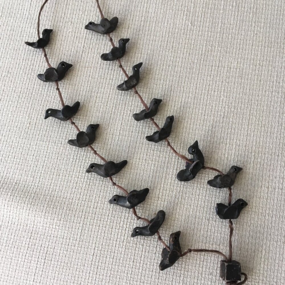 Vintage Oaxaca Handmade Black Pottery Clay Bird Necklace Strung on Linen Thread